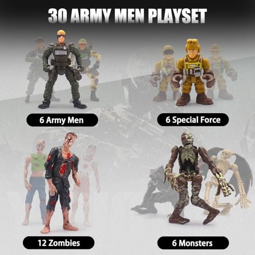 Army Men Action Figures Playset, 30 PCS Soldiers Zombies Monsters Action Figures with Weapons Gear Equipment Accessories - 4 Inches Military Toy for Boys Ages 6 7 8 9 10 11 12 Years Old - Image 2